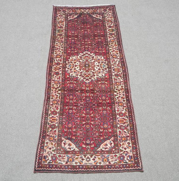 Semi Antique Persian Hosseinabad 3.9x9.7: Outstanding handmade Persian Hosseinabad rug. Size 3.9x9.7 feet, made of fine quality baby lamb's wool pile on cotton foundation, all natural vegetable dye, incorporating a very detailed floral patter