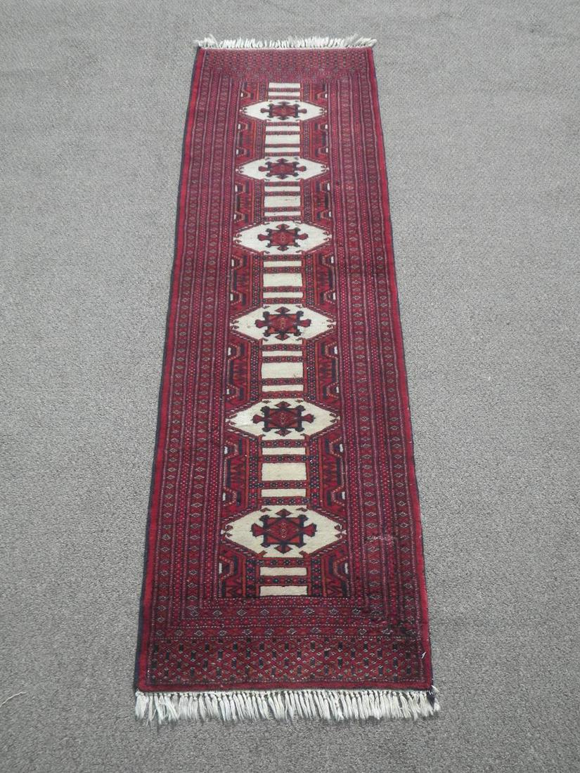 Semi Antique Persian Turkman 6.3x1.10: Handmade semi antique Persian Turkman rug. Size 6.3x1.10 feet, made of fine quality baby lamb's wool pile on cotton foundation, incorporating a beautiful allover medallion design and contrasted magnif