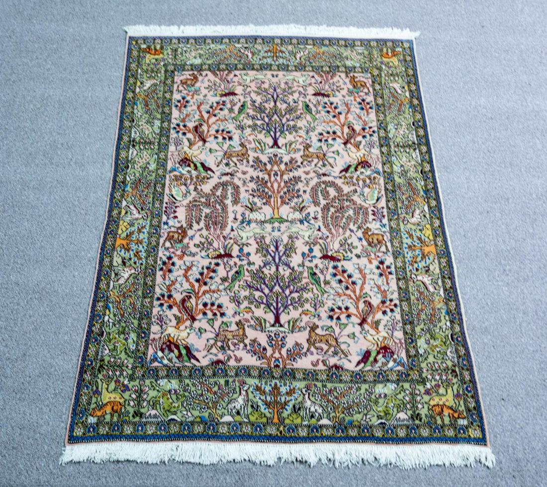 Unique Hunting/Floral Gholtogh 4.9x6.10: Unique handmade semi antique allover hunting/floral Persian Gholtogh rug. Size 4.9x6.10 ft, made of fine quality wool pile on cotton foundation, incorporating an elegant free flowing hunting/floral pa