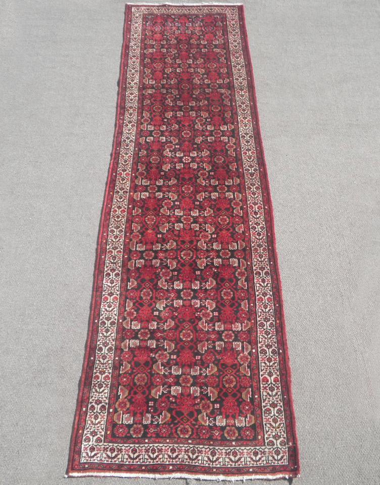 Semi Antique Persian Malayer 13.4x3.8: Handmade semi antique Persian Malayer runner. Size 13.4x3.8 ft, made of fine quality baby lamb's wool pile on cotton foundation, incorporating allover floral pattern on a rich red background and is fr