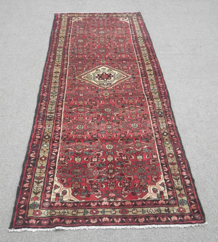 Semi Antique Persian Hosseinabad 3.9x9.7: Handmade semi antique Persian Hosseinabad runner. Size 3.9x9.7 ft, made of fine quality baby lamb's wool pile on cotton foundation, all natural vegetable dye, incorporating a very detailed floral patt