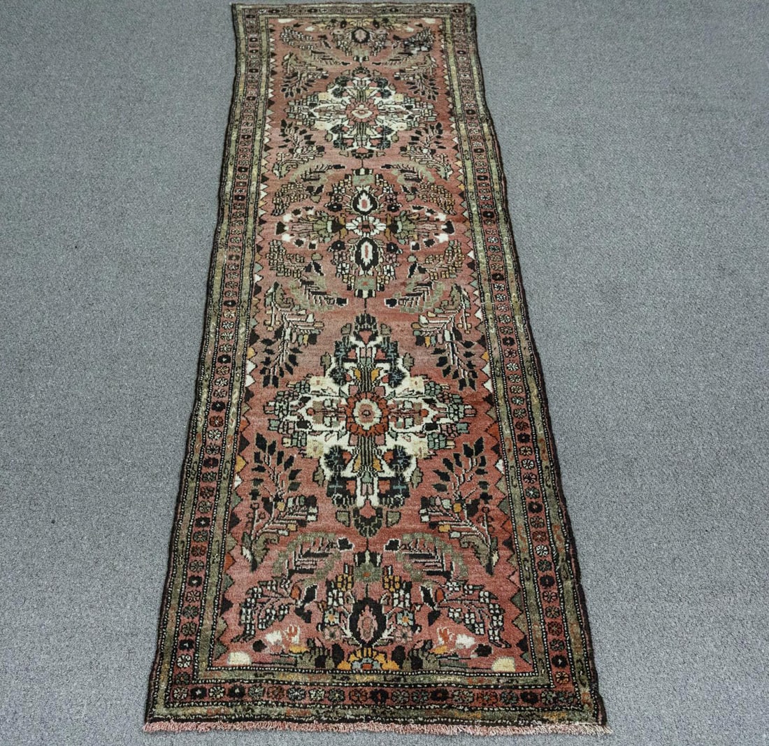 Handmade Persian Mehraban 3.5x9.9: Handmade Persian Mehraban Rug. Size 3.5x9.9 ft., made of high quality wool pile on cotton foundation, incorporating Mehraban design/pattern and finished off beautifully with an intricately done floral
