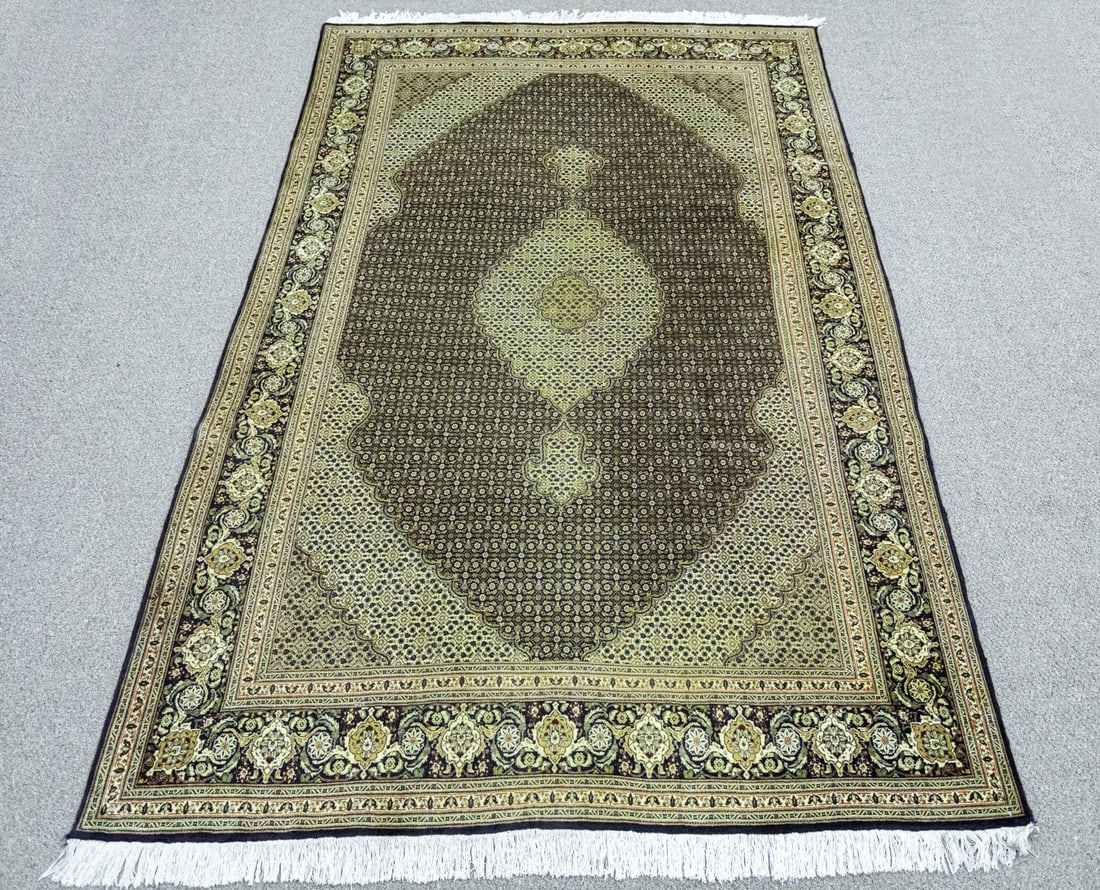 Handmade Wool/Silk Persian Tabriz Fish Design 6.7x9.9: Handmade silk and wool Persian Tabriz Mahi (Fish) design rug. Size 6.7x9.9 ft, made of very fine quality wool and silk pile on cotton foundation. Beautifully incorporating the extremely popular Tabriz