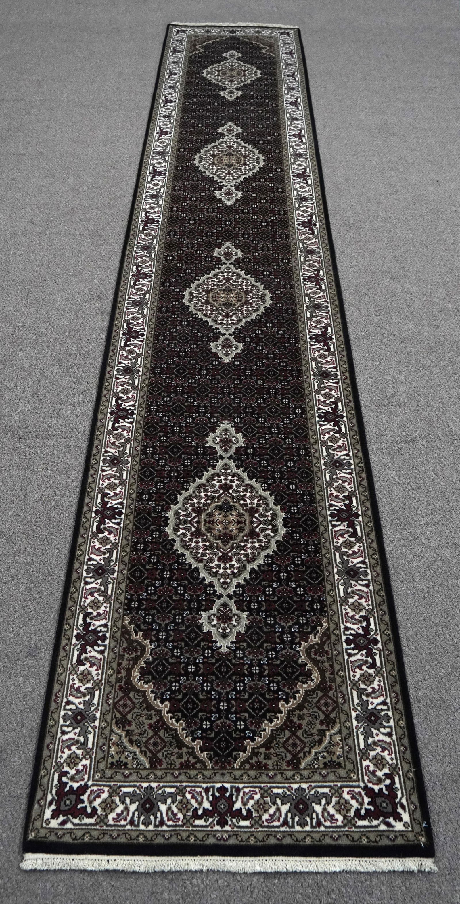 Handmade Tabriz Fish Design 2.7x14.2: Handmade Tabriz Fish Design Rug. Size 2.7x14.2 ft., made of quality wool with silk highlights pile on cotton foundation, finished off beautifully with a floral borders. Hand woven in India.