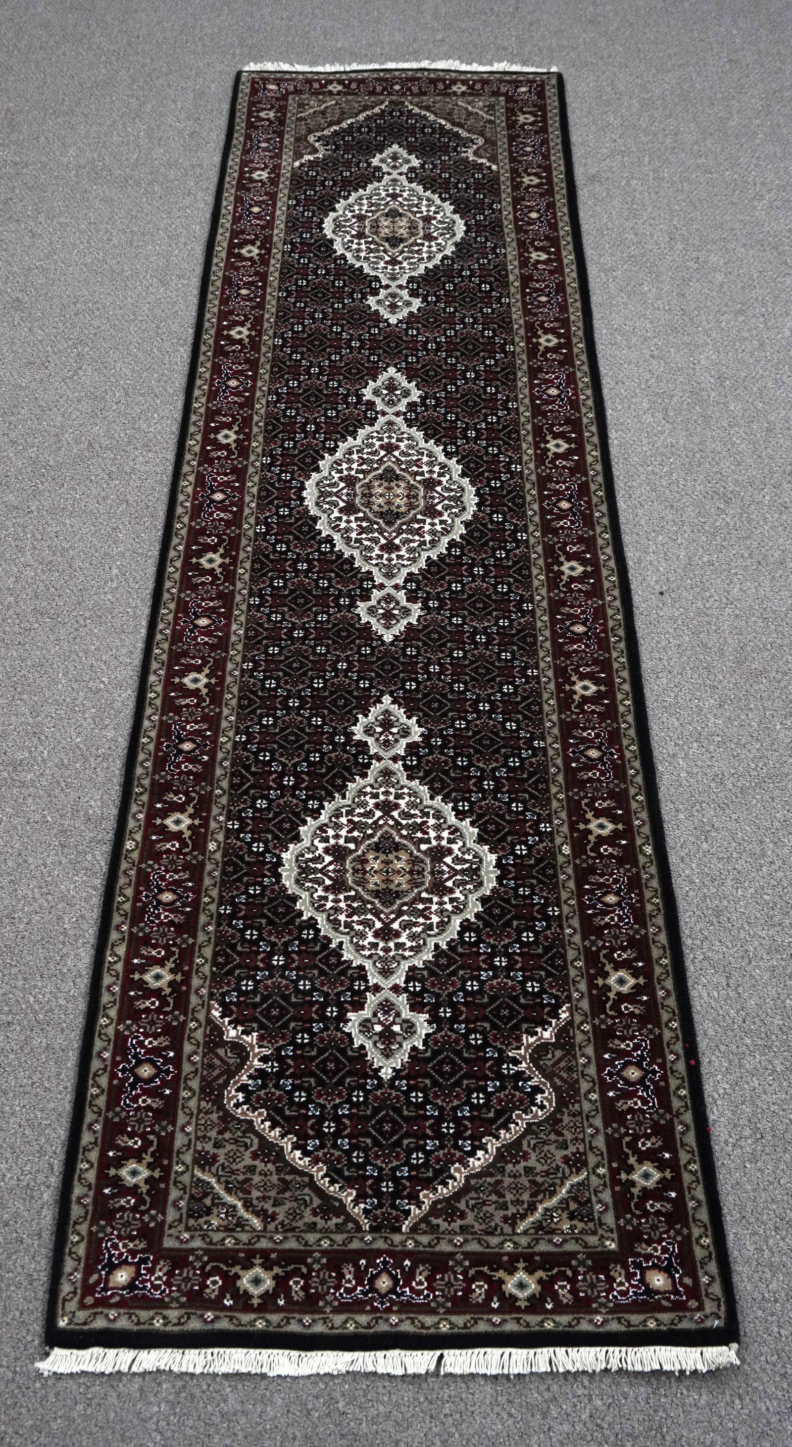 Handmade Tabriz Fish Design 2.6x10.1: Handmade Tabriz Fish Design Rug. Size 2.6x10.1 ft., made of quality wool with silk highlights pile on cotton foundation, finished off beautifully with a floral borders. Hand woven in India.