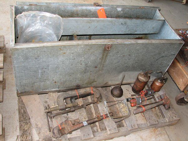 ONE PALLET WITH TIN BOX AND LID FULL OF MISC. TOO: ONE PALLET WITH TIN BOX AND LID FULL OF MISC. TOOLS, PIPE, 3 C-CLAMPS, 2 PIPE WRENCHES, 3 HAMMERS, 3 SETS OF SCREW DRIVERS, ONE ANTIQUE OIL DISPENSER, AND TWO HAND HELD OIL DISPENSERS