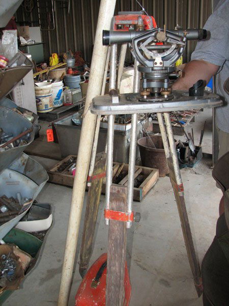 SURVEYORS TRIPOD, WITH PIPE TOWER, DAVID WHITE IN: SURVEYORS TRIPOD, WITH PIPE TOWER, DAVID WHITE INDUSTRIES SCOPE, AND BERGER INSTRUMENT MODEL 200B SCOPE