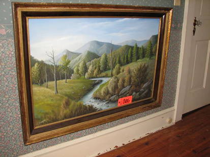 OUTDOOR STREAM SCENE BY J.T. SHYTLE, LOOKS TO BE: OUTDOOR STREAM SCENE BY J.T. SHYTLE, LOOKS TO BE ORIGINAL WITH A WOOD ANTIQUE FRAME