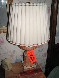 LAMP WITH PORCELAIN BASE, ALARM CLOCK AND LETTER: LAMP WITH PORCELAIN BASE, ALARM CLOCK AND LETTER OPENER