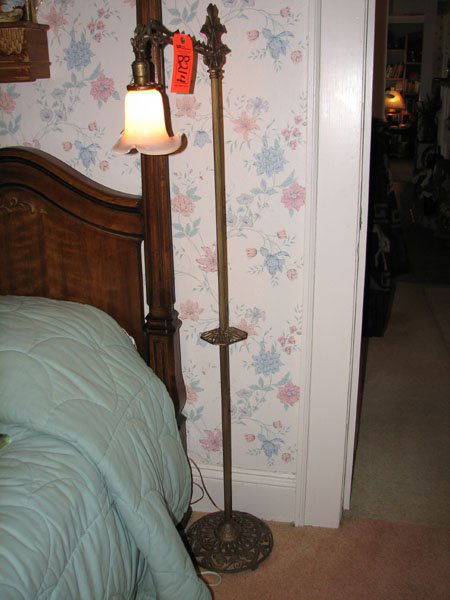 BRASS FLOOR LAMP WITH GLASS SHADE: BRASS FLOOR LAMP WITH GLASS SHADE