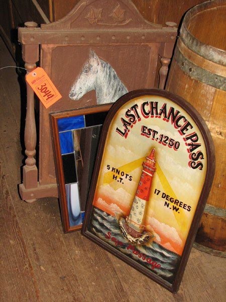 THREE FRAMED WALL HANGINGS, FIRST IS LAST CHANCE: THREE FRAMED WALL HANGINGS, FIRST IS LAST CHANCE PASS, SECOND IS HAND PAINTED, WOODEN WITH PICTURE OF A HORSE, THIRD IS WALL-HANGING MIRROR WITH LEADED STAINED GLASS AROUND PERIMETER