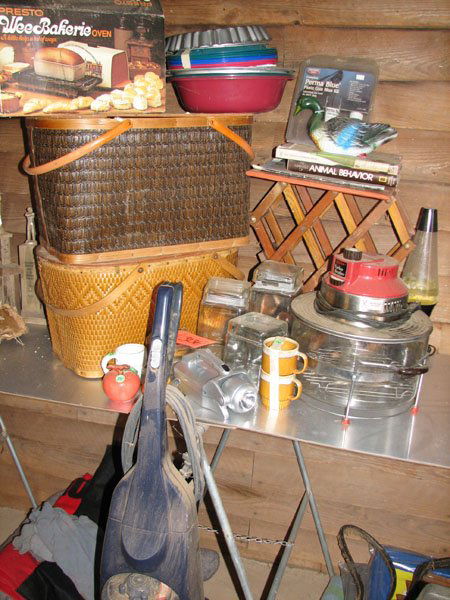 MISC LOT OF COLLECTIBLES INCLUDING TWO WICKER PIC: MISC LOT OF COLLECTIBLES INCLUDING TWO WICKER PICNIC BASKETS, GLASS COOKIE JARS, FLASHLIGHTS, TURBO BOILER, WALL HANGING HORSE HEAD MADE OF TERRA COTTA MATERIAL, KENMORE HEPAFILTER 12-AMP SWEEPER AND