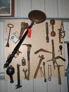 COLLECTION OF ANTIQUE AND ANTIQUE ITEMS, BRASS BE: COLLECTION OF ANTIQUE AND ANTIQUE ITEMS, BRASS BED WARMER, DIBBLE STICKS, YARN AND BALL, AND WOOD BARBELL, FIREMAN'S PIKE, WRENCH, OXEN SHOE, FLOWER SIFTER, HAND CRANK AND BENCH, AND A SPECULUM