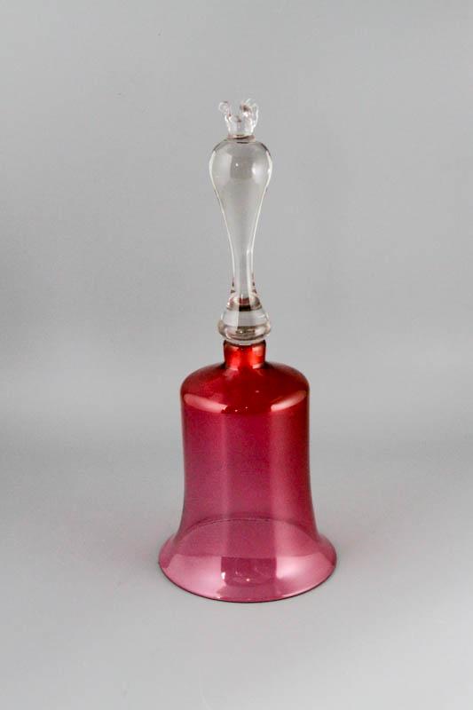 Cranberry Glass Bell: 11"H, topped with clear glass hen, late 19th cent., unsigned