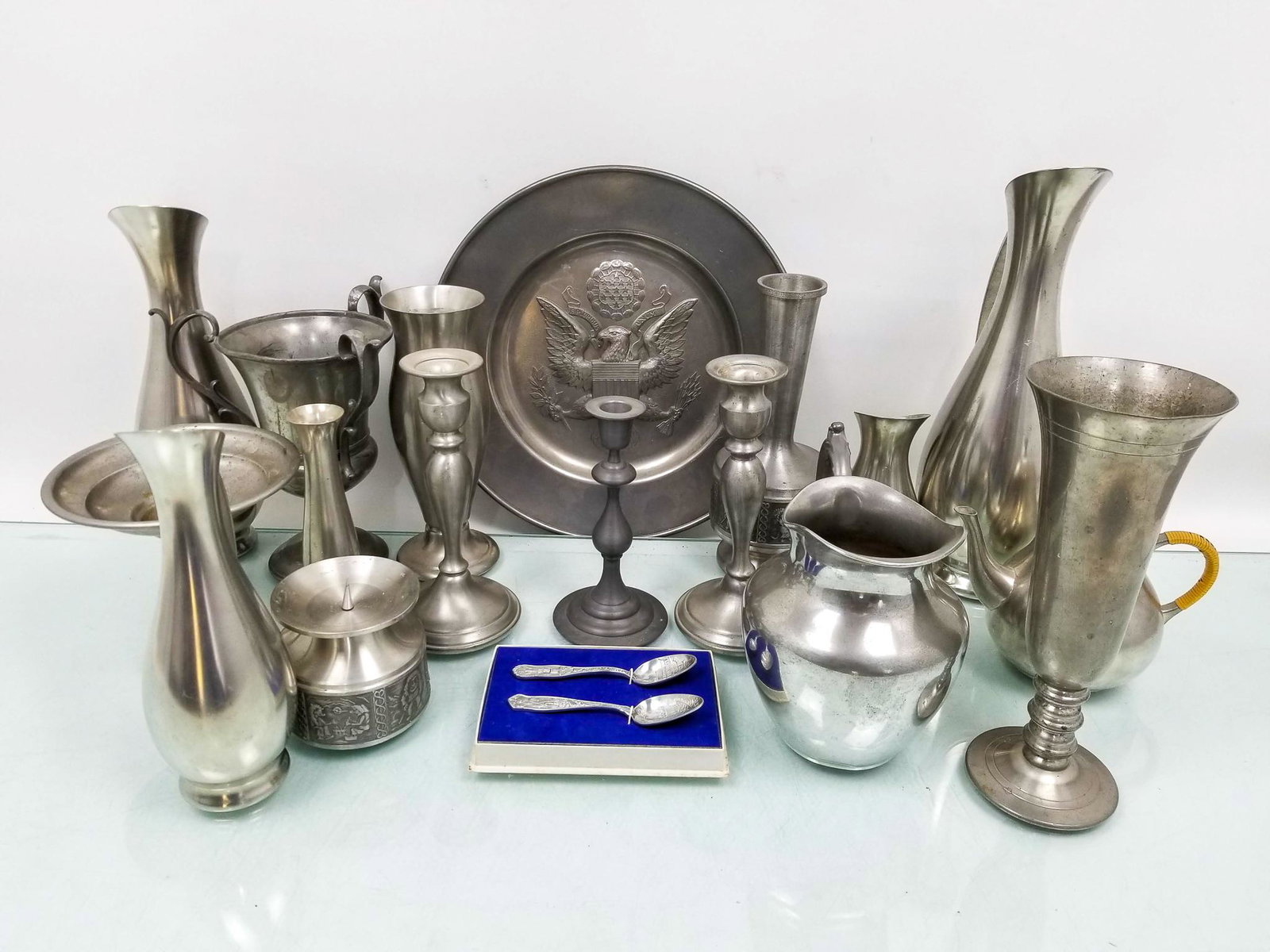 Pewter Serving Ware and Decorative Objects: Pewter Serving Ware and Decorative Objects: serving platter - tea pots - vases - and more Literature Brooks Auction is not responsible for outbids. Questions? Call the office at (856) 694-2960 or ema