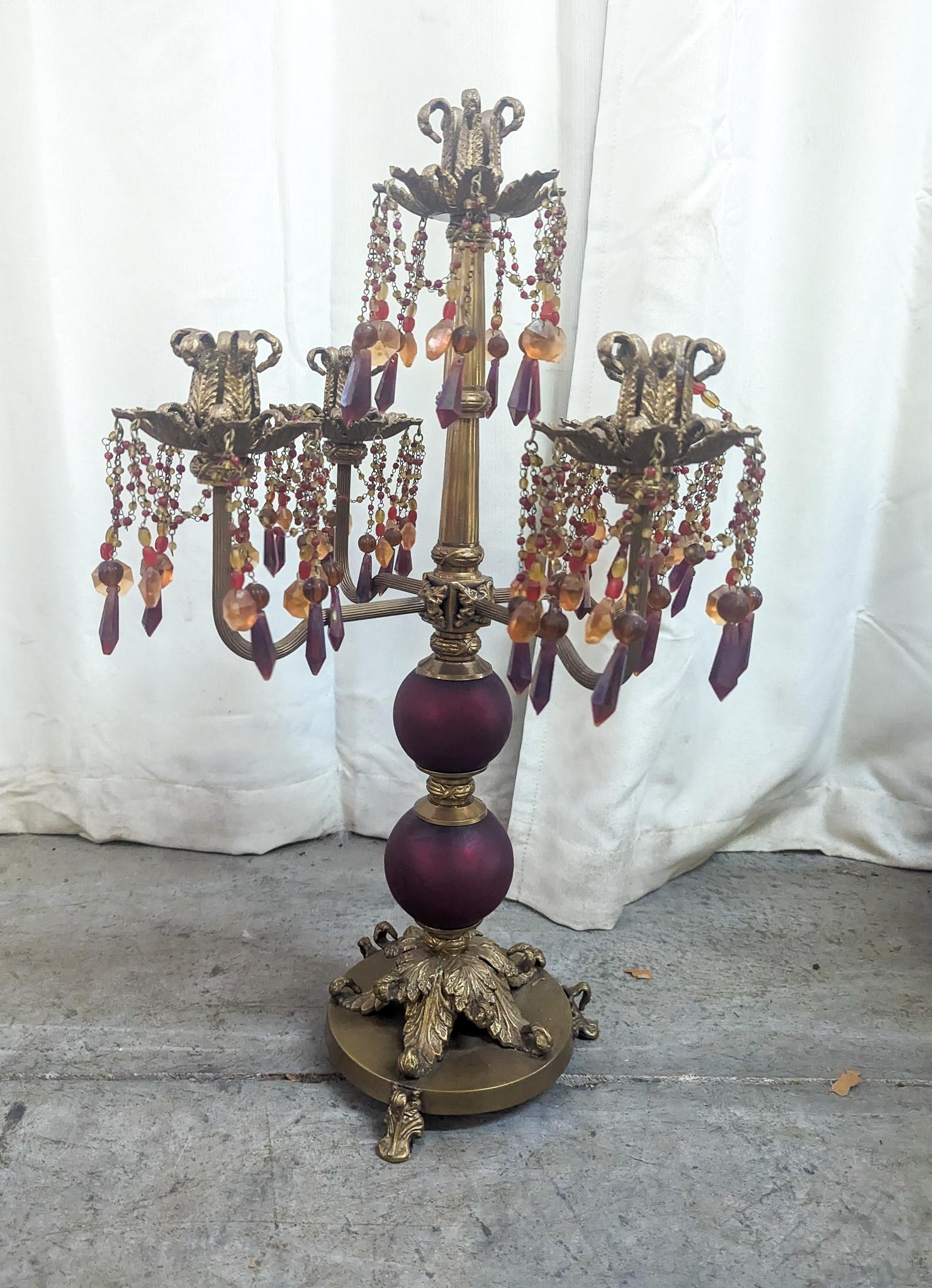 Ornate Brass Candelabra With Orange And Red Prisms Auction