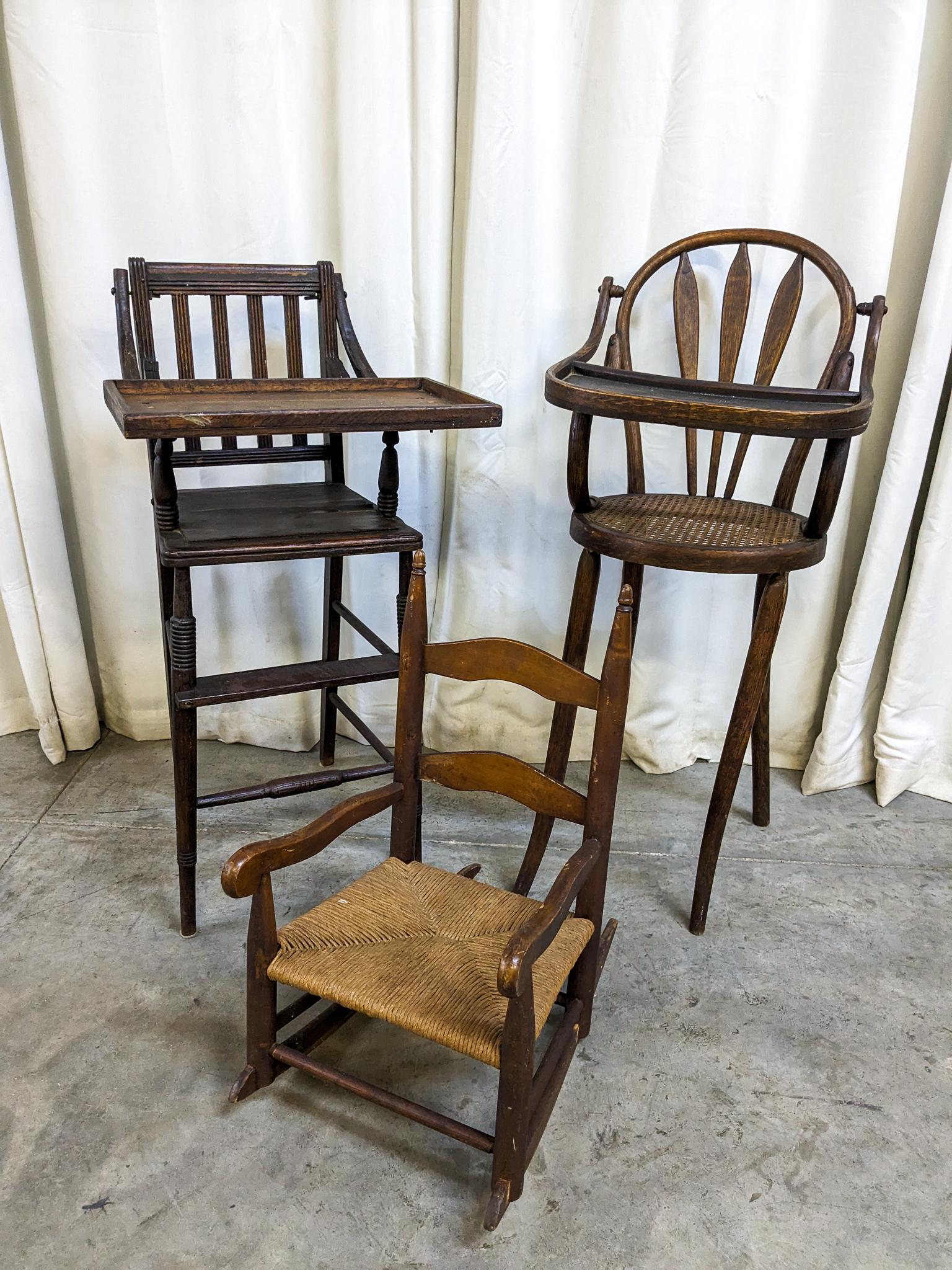 Two Wooden Children's High Chairs And Children's Ladderback Rocker Auction