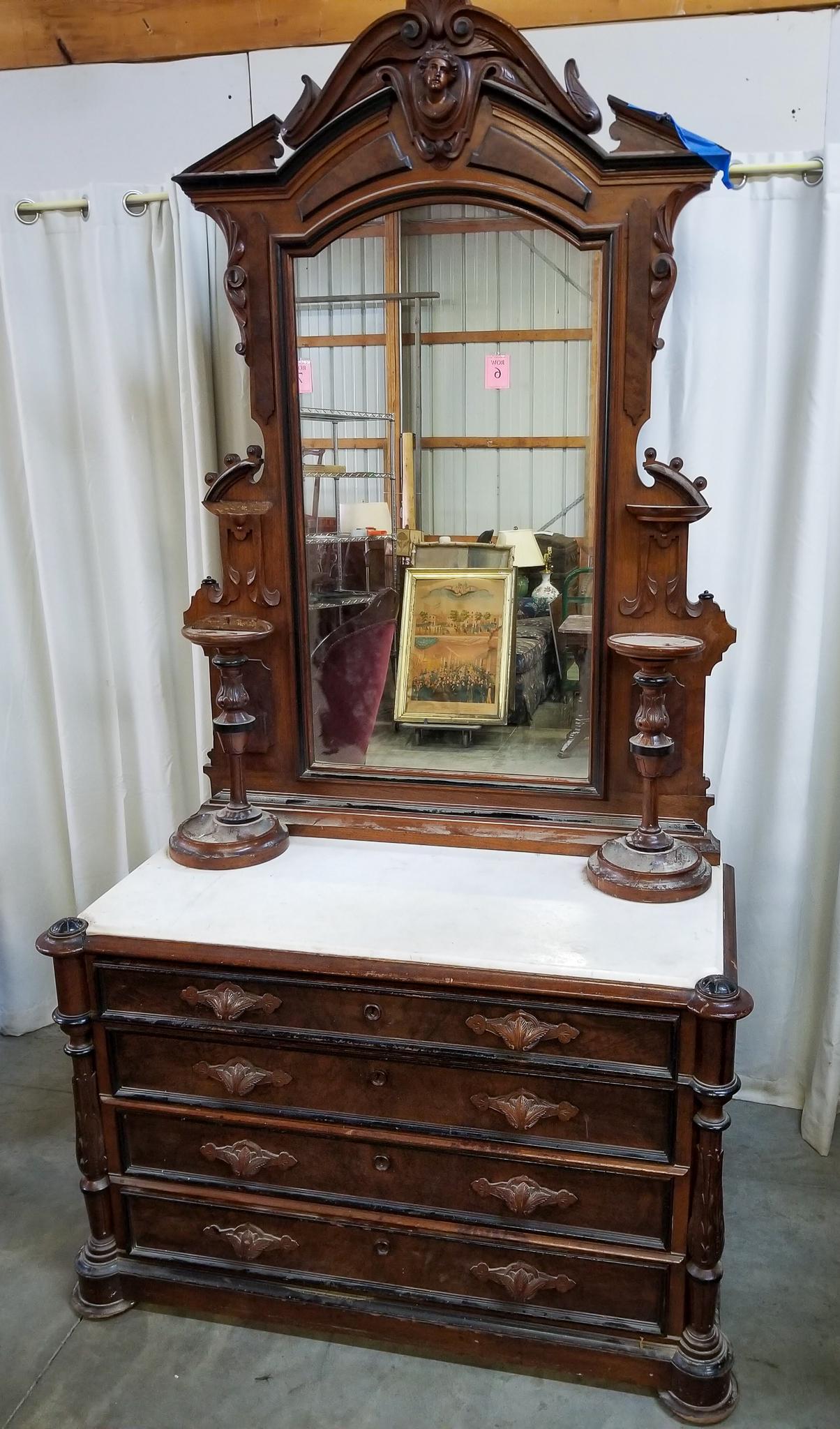 Victorian Mahogany Marble Top Dresser with Mirror: Victorian Mahogany Marble Top Dresser with Mirror Size mirror: 62" x 45" x11" - base: 31" x 48" x 23" Literature Brooks Auction is not responsible for outbids. Questions? Call the office at (856) 69
