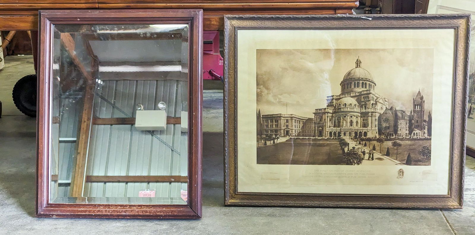 Wood Framed Bevelled Mirror and Framed 19th Century Print (1 of 5)