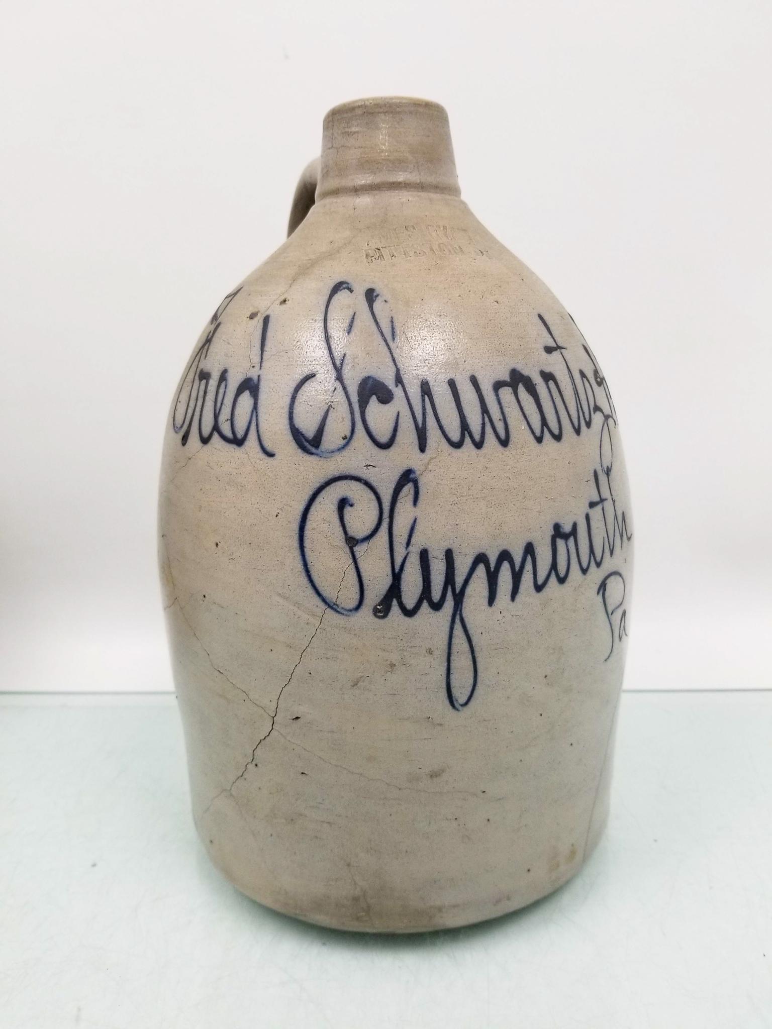 Salt Glazed Stoneware Jug with Handle Signed "Fred Schwartz & Bro. Plymouth Pa" (1 of 4)