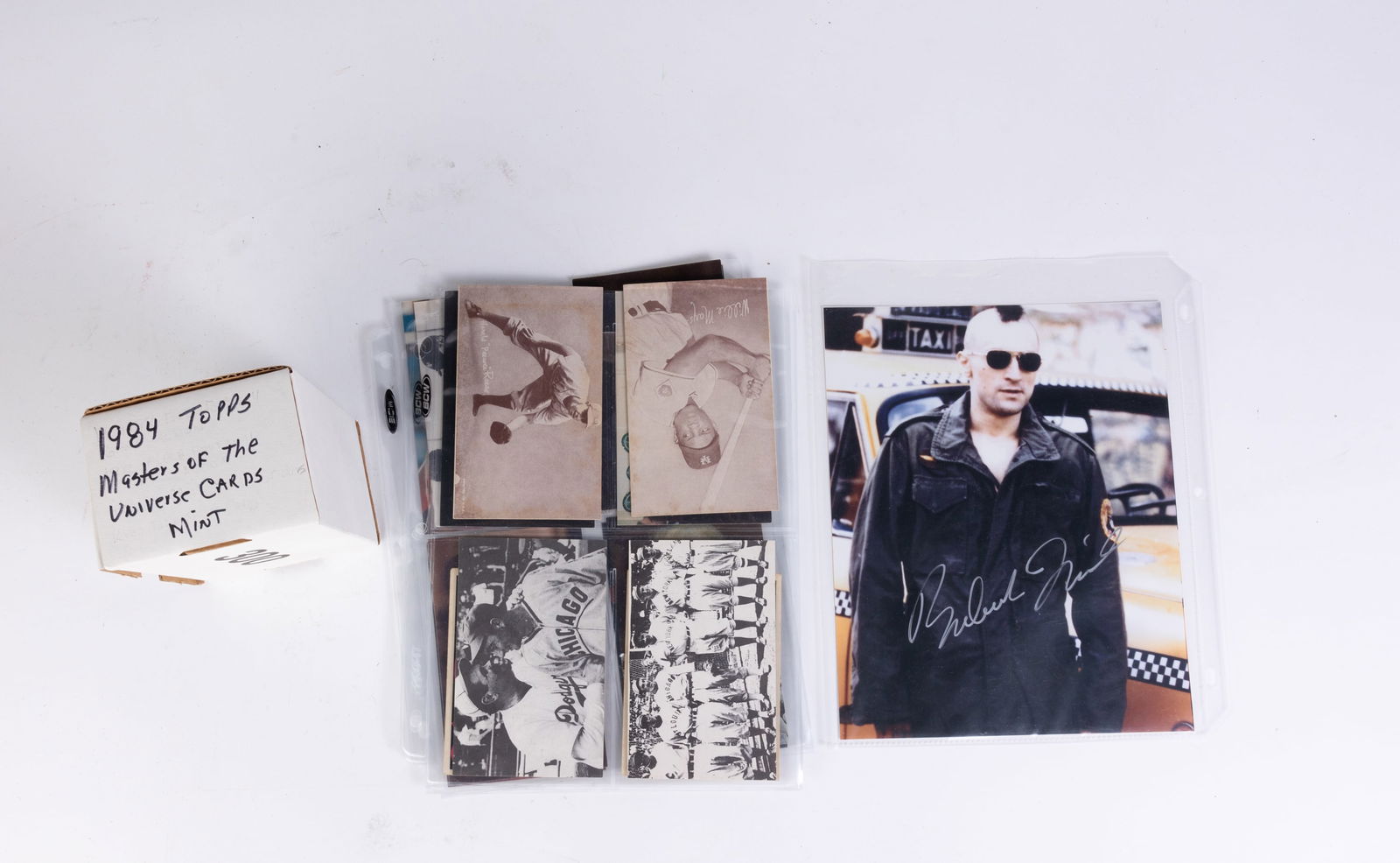 Assorted Pop Culture Ephemera: Assorted Pop Culture Ephemera: Robert De Niro autographed photo with Certificate of Authenticity - exhibit cards of baseball players, musicians, actors, and actresses - Babe Ruth postcards - 1984 Topp