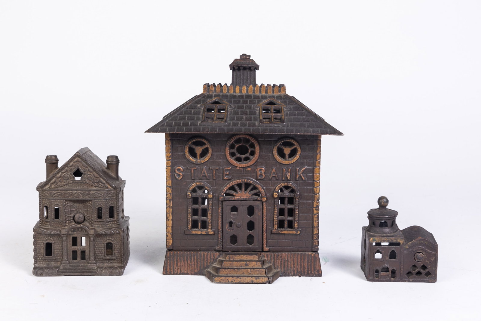 Three Early 20th Century Cast Iron Bank Building Coin Banks: Three Early 20th Century Cast Iron Bank Building Coin Banks