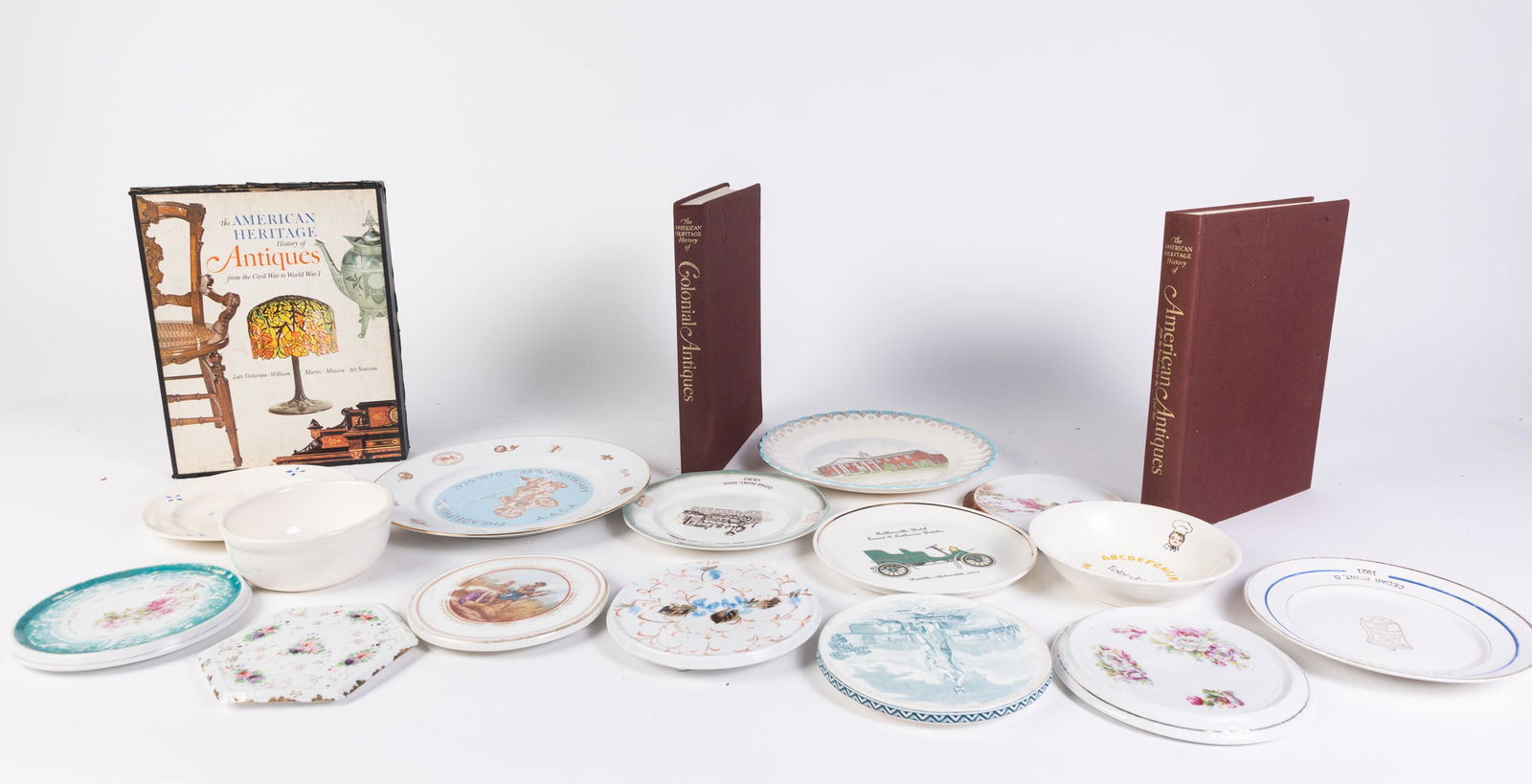 Porcelain Trivets and Commemorative Local Plates: Porcelain Trivets and Commemorative Local Plates: Philadelphia 1935-1970 A.A.C.A 35th Anniversary plate - The Nabb-Leslie Post, No. 82 American Legion Millville New Jersey - three American Heritage An