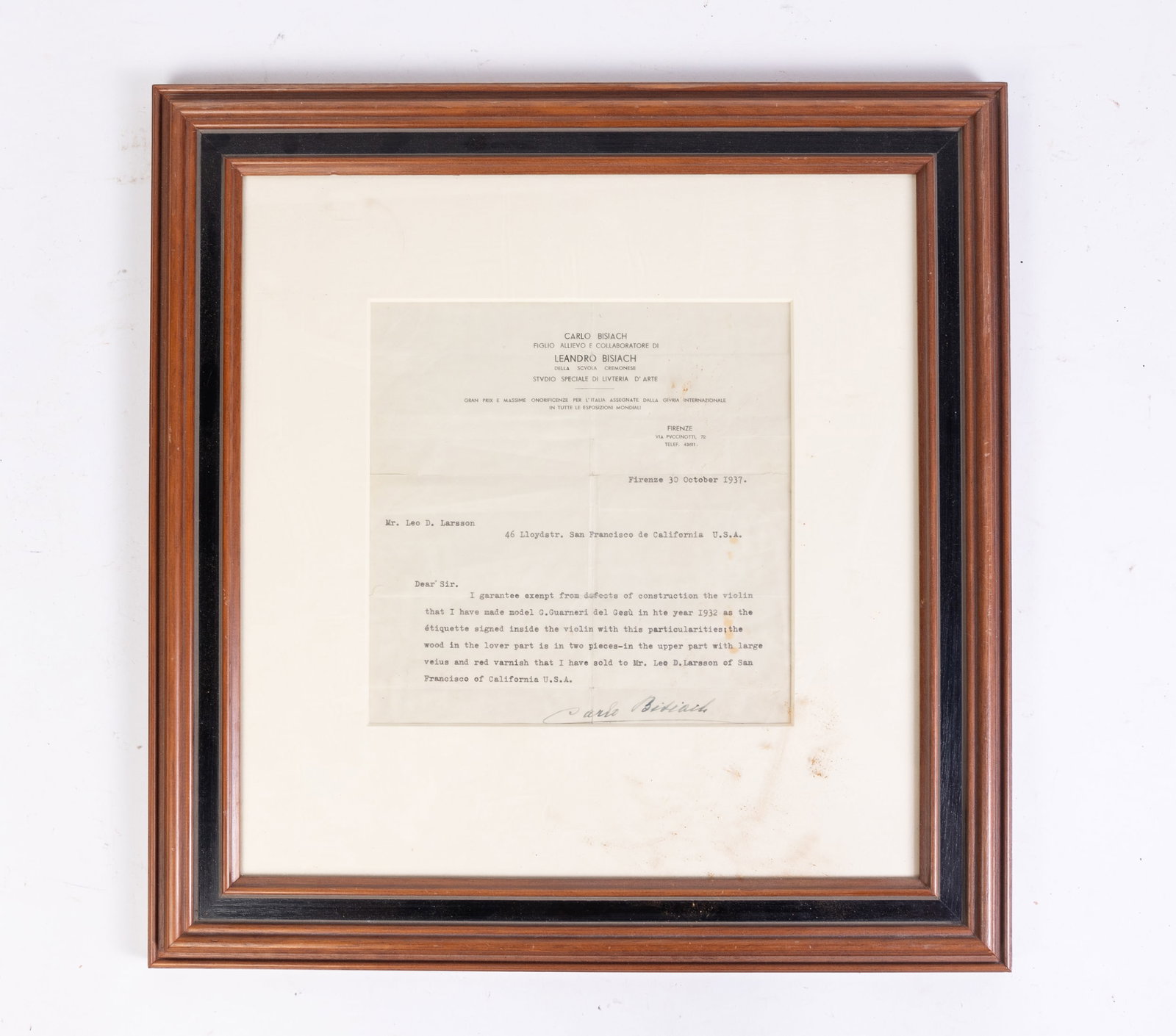 Signed Correspondence of Famed Violin Maker, Carlo Bisiach, dated 1937: Signed Correspondence of Famed Violin Maker, Carlo Bisiach, dated 1937, from the Roberts Estate of Philadelphia, no COA Size 15.5" x 15"