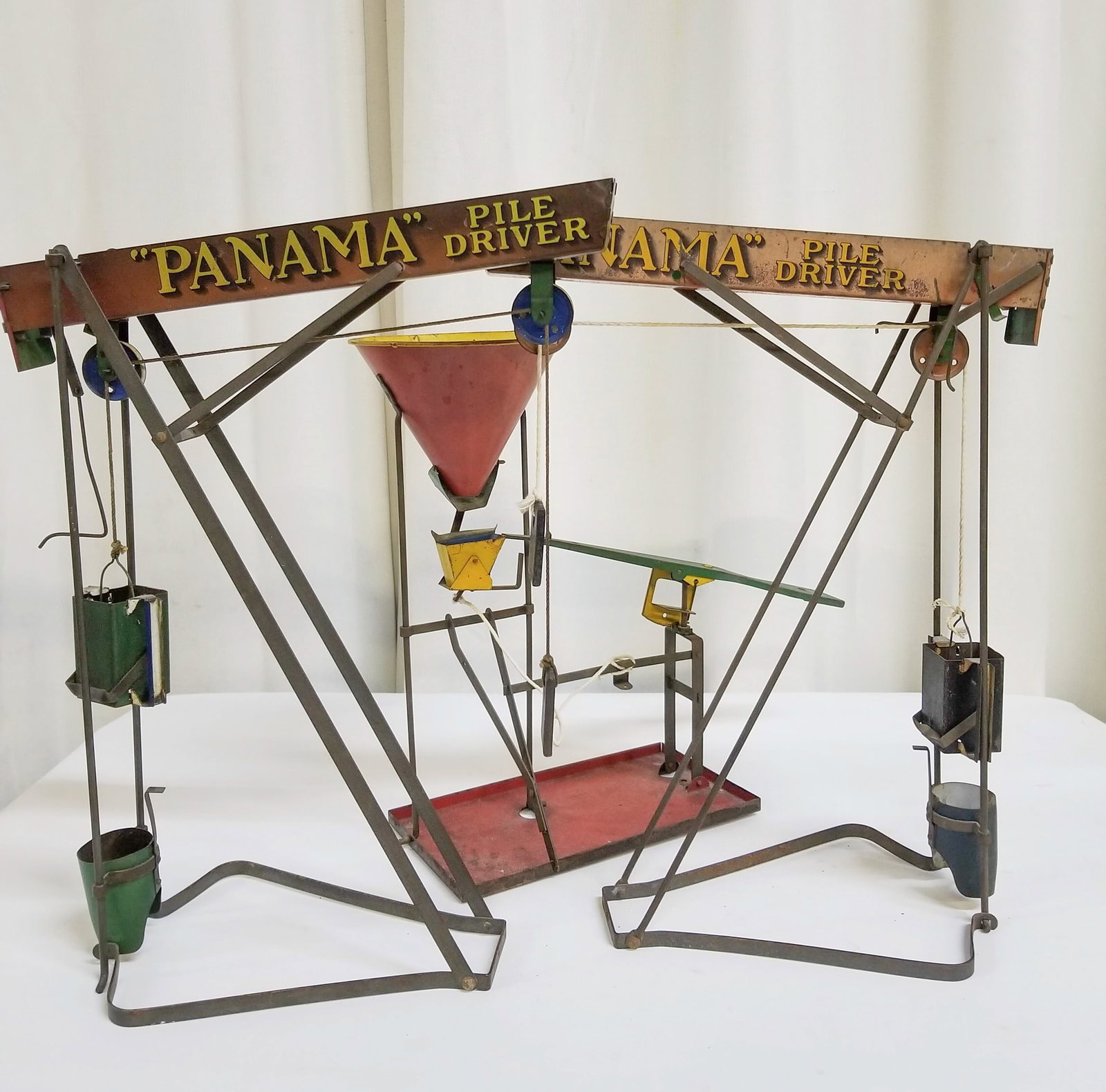 Three Wolverine Litho Tin Sand Toys: (3) Wolverine Litho Tin Sand Toys: (2) Panama Pile Driver - hopper and crane