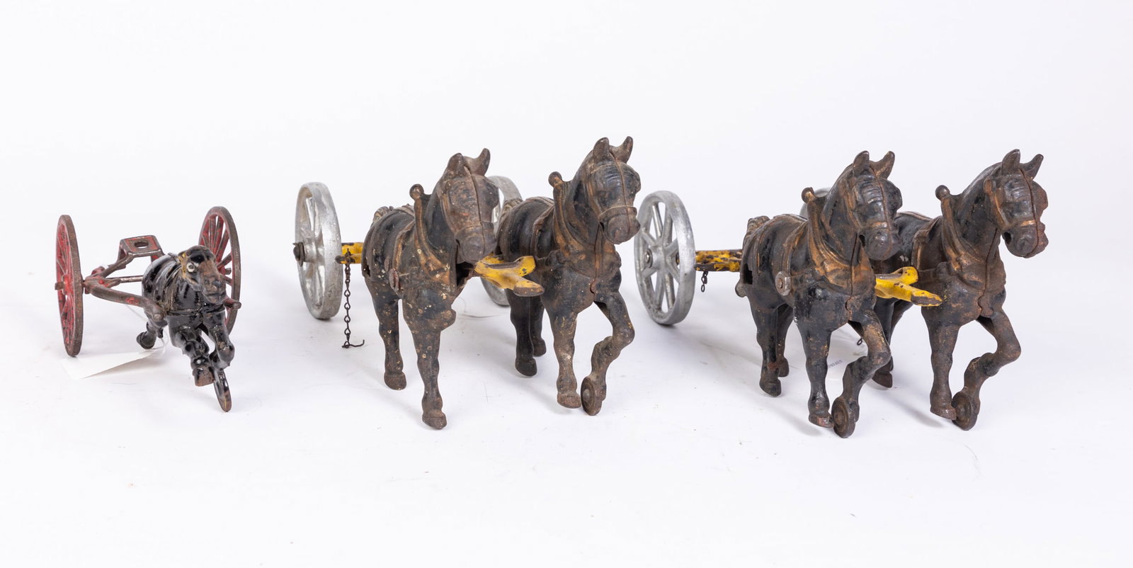 Cast Iron Horse Drawn Cart Pieces: Cast Iron Horse Drawn Cart Pieces: two cast iron horse teams - cast iron running horse Size 7" x 12" x 12" Literature Brooks Auction is not responsible for outbids. Questions? Call the office at (85