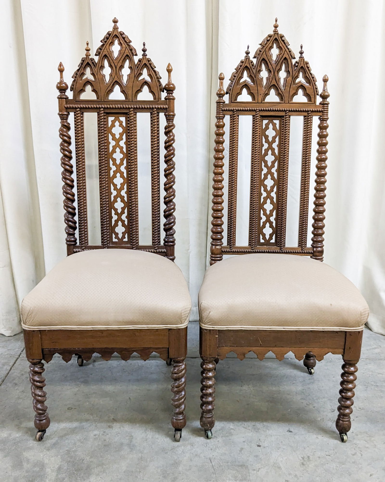 Pair of Gothic Revival Carved Wood Accent Chairs with Upholstered Seats (1 of 6)