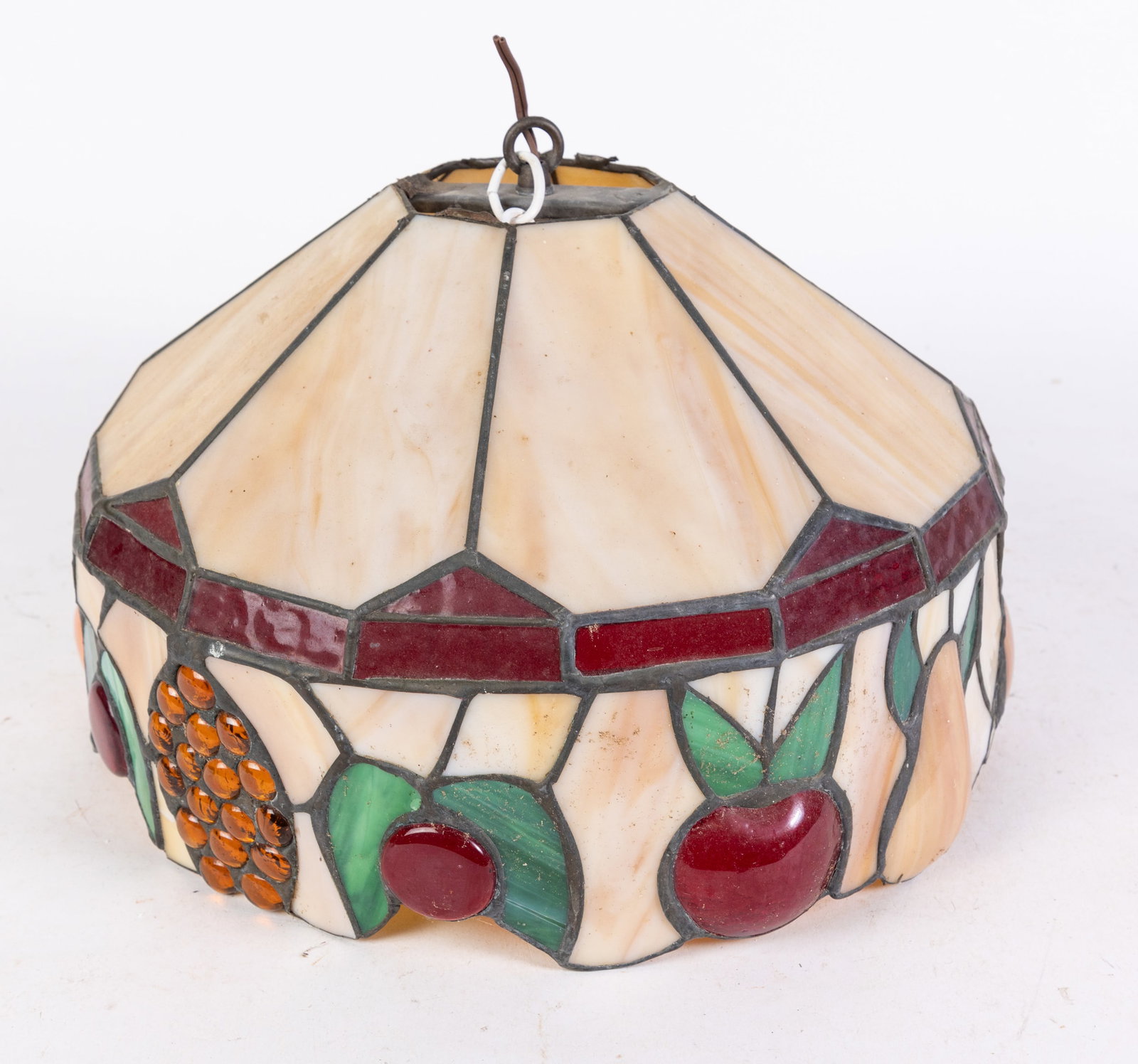 Leaded Slag Glass Hanging Lamp with Fruit Motif: Leaded Slag Glass Hanging Lamp with Fruit Motif Size 12" x 17" Literature Brooks Auction is not responsible for outbids. Questions? Call the office at (856) 694-2960 or email us directly at info@bro