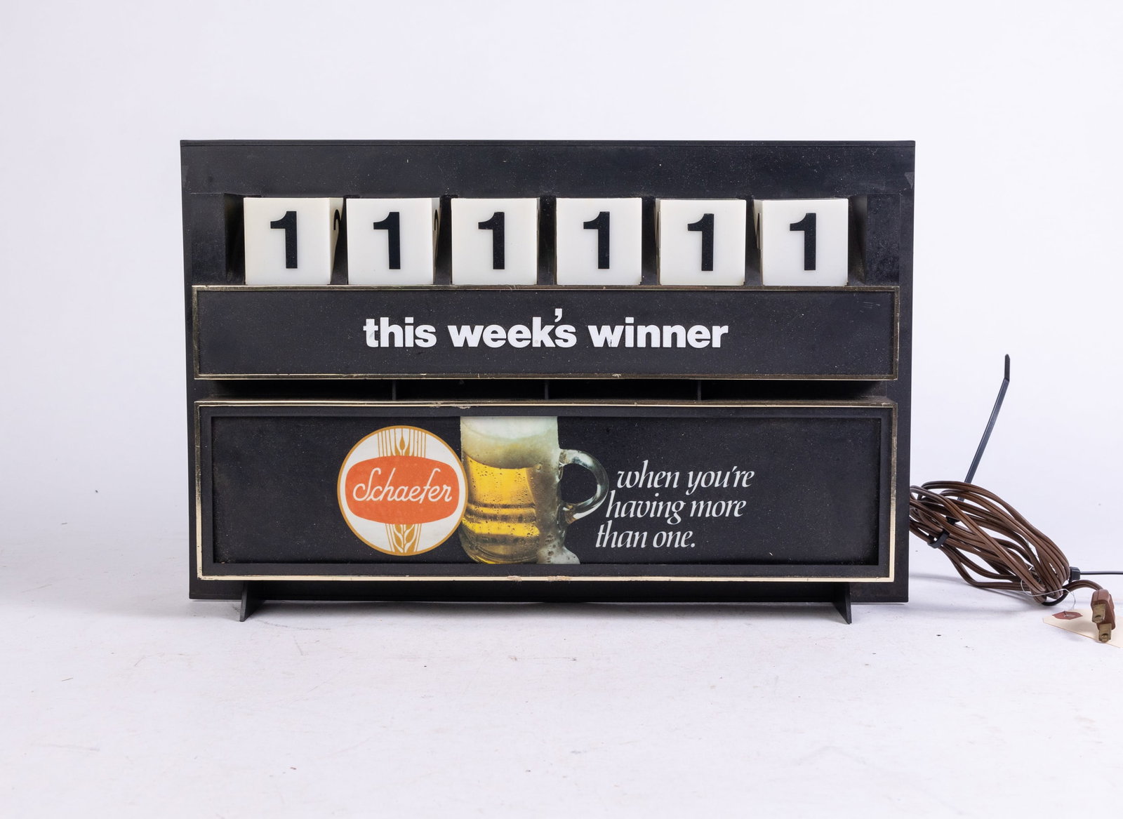 Schaefer Lotto Numbers Lighted Advertising Sign: Schaefer Lotto Numbers Lighted Advertising Sign Size 11" x 18" x 6" Literature Brooks Auction is not responsible for outbids. Questions? Call the office at (856) 694-2960 or email us directly at inf