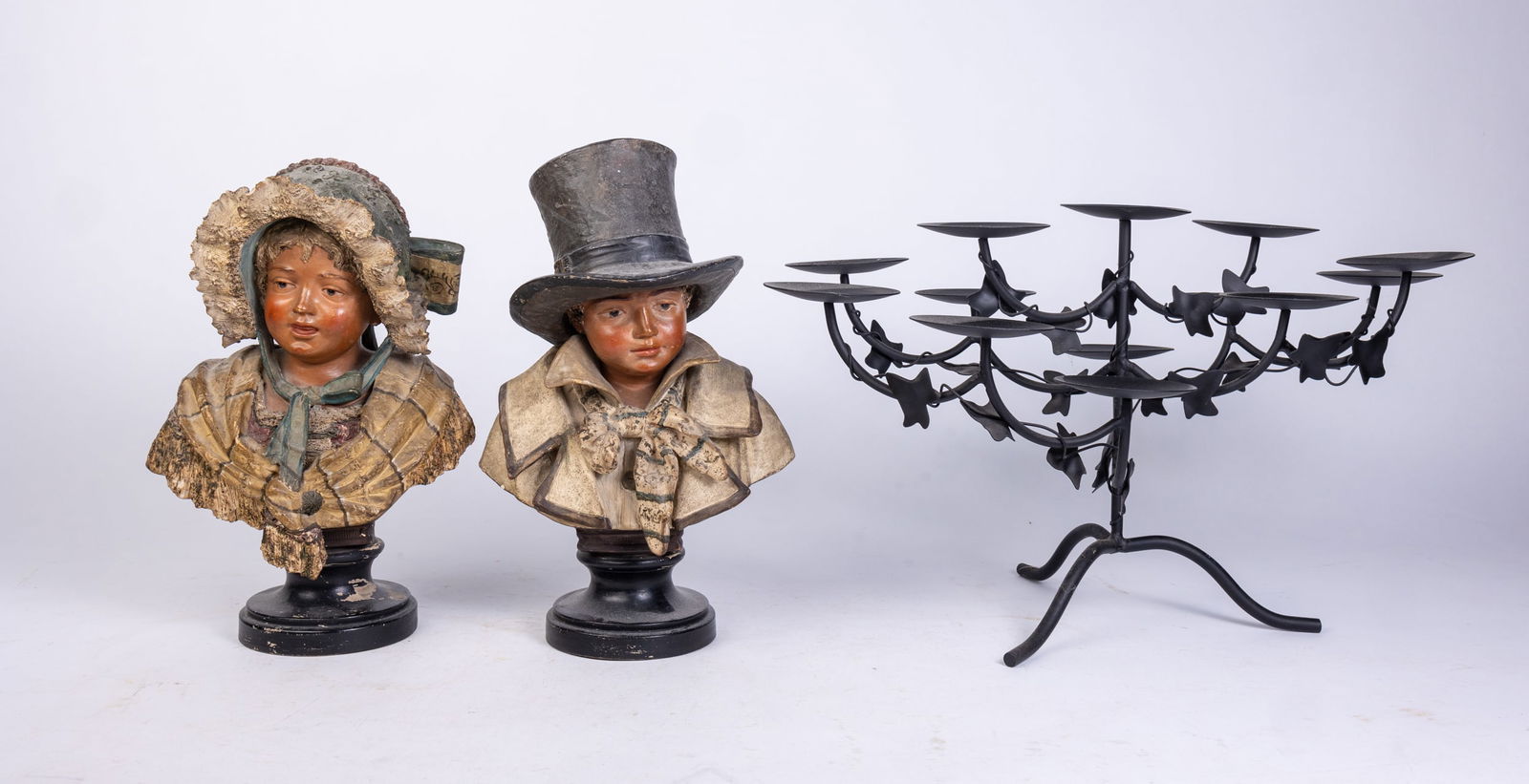 Pair of Busts in Early 19th Century Attire and Wrought Iron Candleholder (1 of 4)