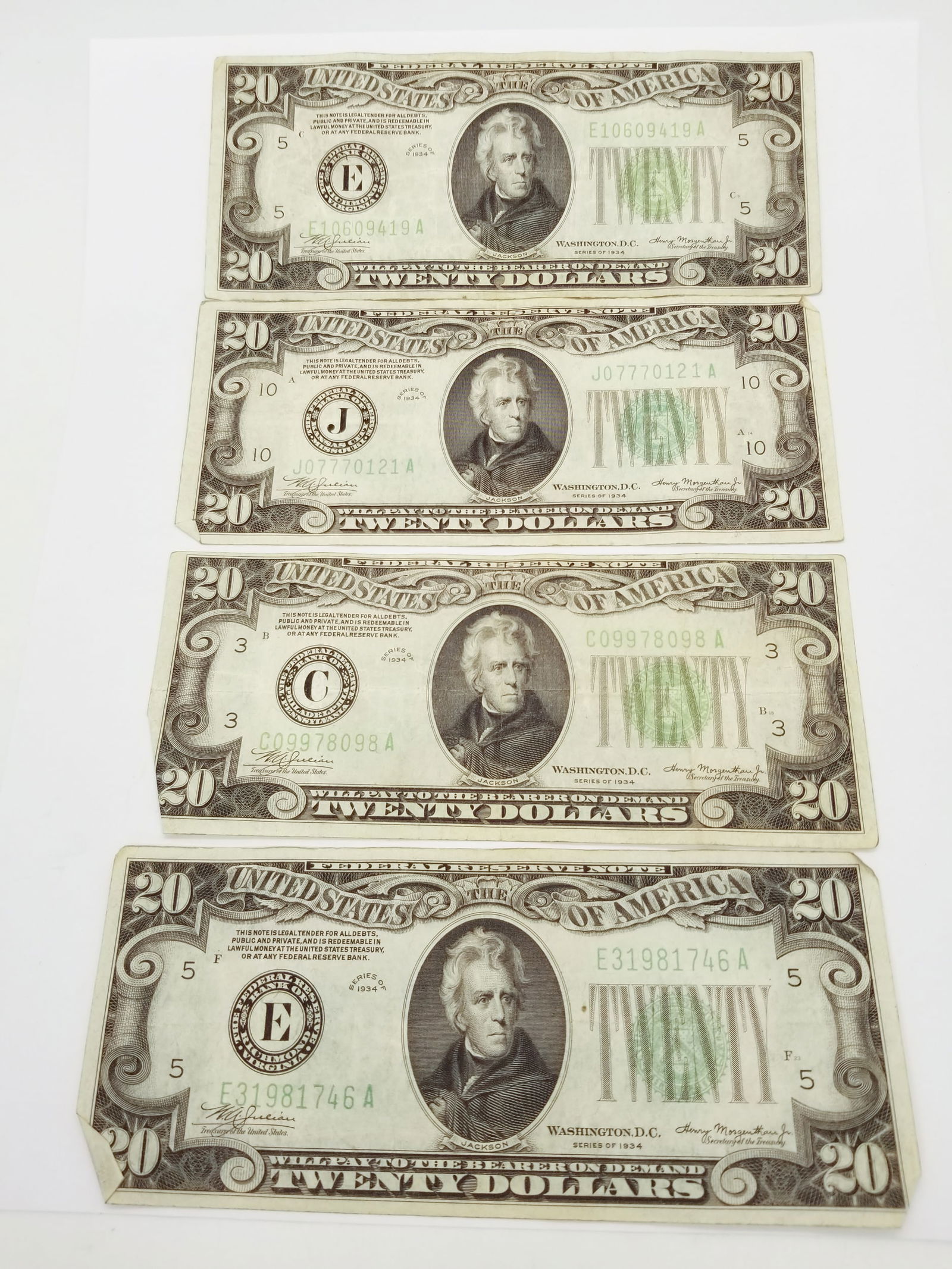 Seven Series 1934 20 Dollar Bills: (7) Series 1934 20 Dollar Bills Literature Brooks Auction is not responsible for outbids. Questions? Call the office at (856) 694-2960 or email us directly at info@brooks.auction. • Please read