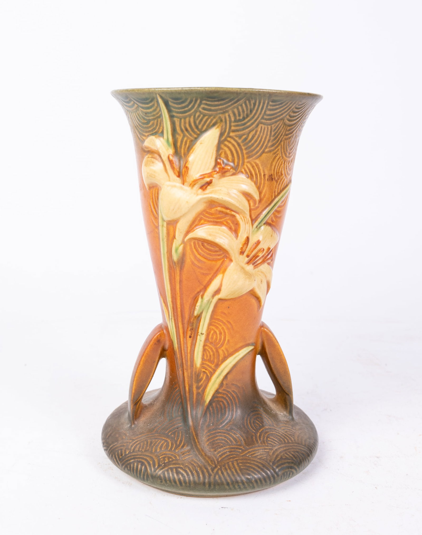 Roseville Zephyr Lily in Brown and Green Pottery Vase: Roseville Zephyr Lily in Brown and Green Pottery Vase Size 9.5" x 6"d Literature Brooks Auction is not responsible for outbids. Questions? Call the office at (856) 694-2960 or email us directly at i