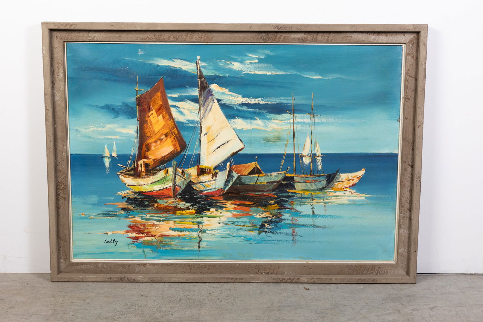 Large Original Framed Oil Painting of Sailboats Signed "Sally" (1 of 3)