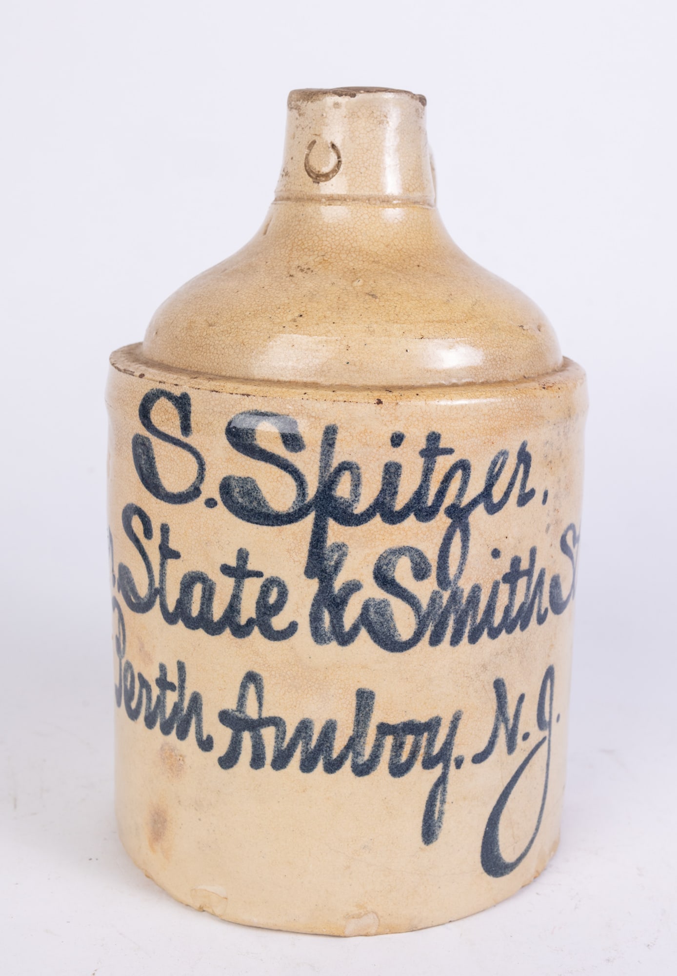 Salt Glazed Stoneware Script Jug "S. Spitzer. Cor. State & Smith Sts. Perth Amboy, N.J." (1 of 7)