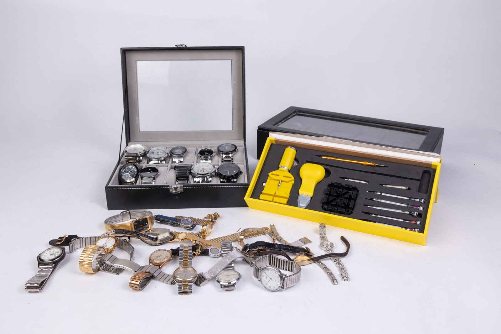 Assorted Watches with Accessories: Assorted Watches with Accessories: brands including: Fossil, Michael Kors, Timex, Seiko, Hamilton, Milan, 21 Jewels, Eastfield, and more - Invicta Watch Repair Kit - (2) Display cases Literature Broo