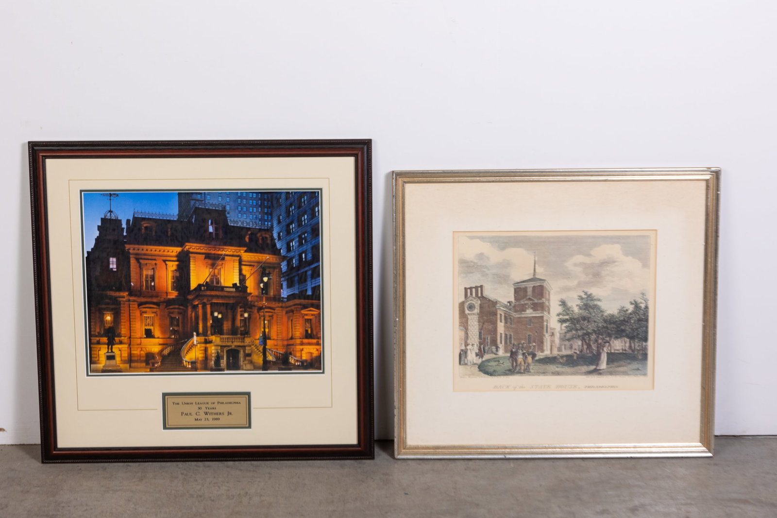 Two Pieces of Philadelphia Wall Decor: Two Pieces of Philadelphia Wall Decor: The Union League of Philadelphia 30 Year Membership Commemorative Plaque - W. Birch & Son Back of the State House Print Literature Brooks Auction is not respons