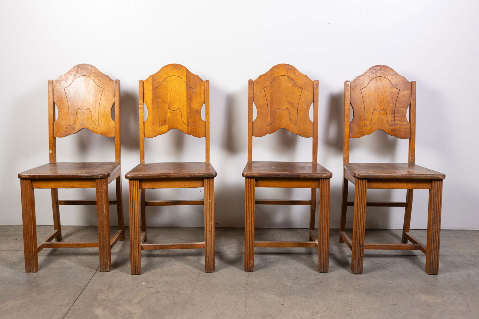 Set of Four Art Deco Antique Wooden Dining Chairs: Set of Four Art Deco Antique Wooden Dining Chairs Size 35" x 15" x 17" Literature Brooks Auction is not responsible for outbids. Questions? Call the office at (856) 694-2960 or email us directly at