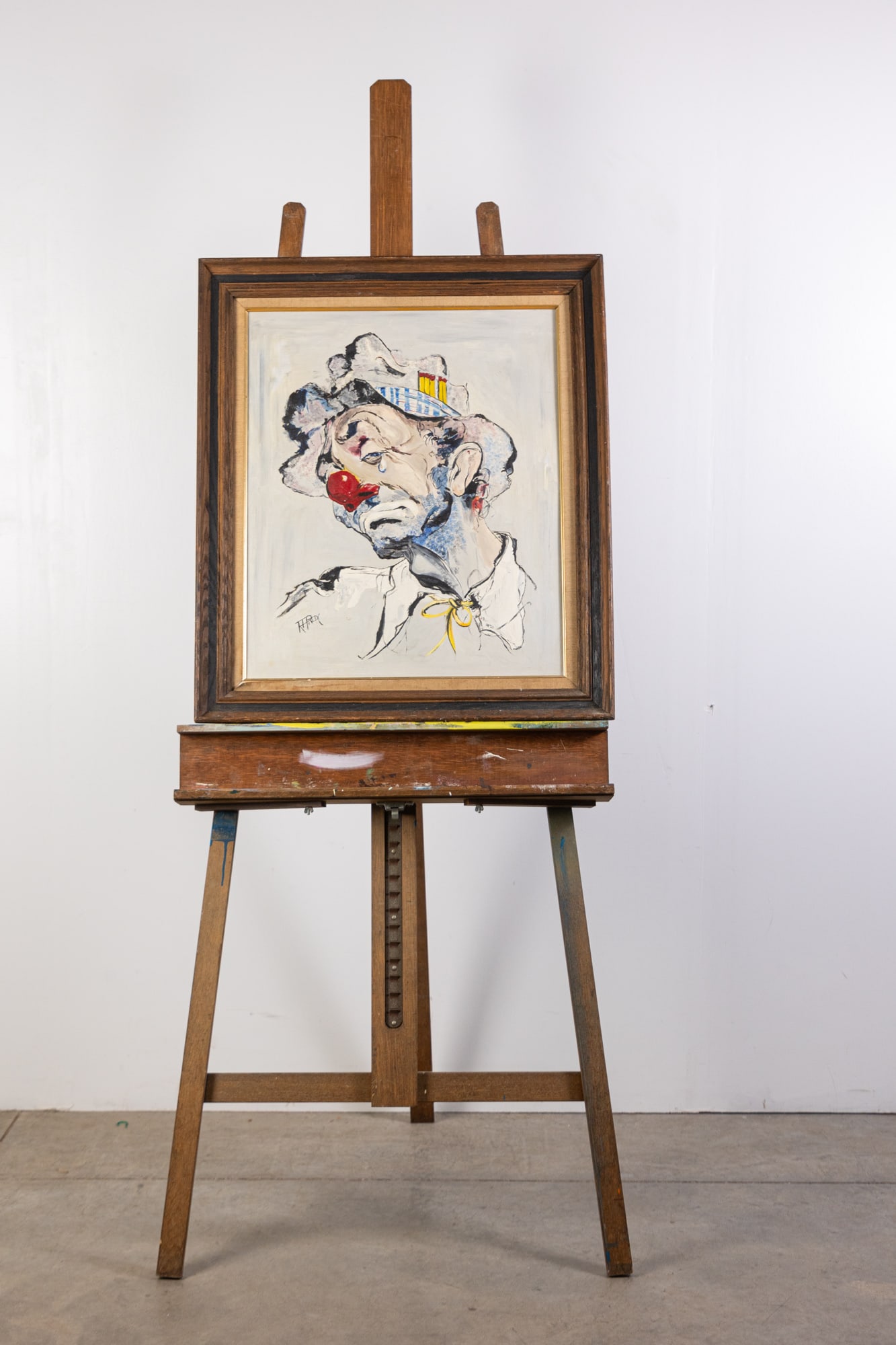 Vintage Mid Century Sad Clown Oil Painting Signed & Easel (1 of 5)