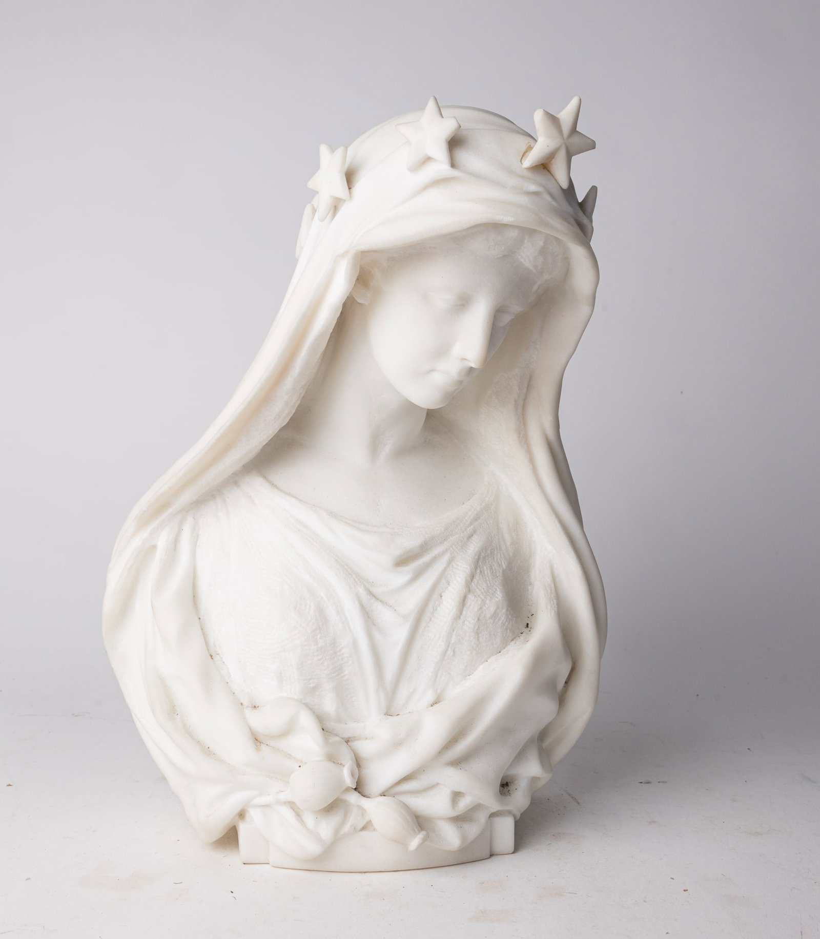 Marble Bust of the Virgin Mary: Marble Bust of the Virgin Mary, inscribed on back of bust is "Th. Litka, Berlin 1892" Size 16" x 12" x 12" Literature Brooks Auction is not responsible for outbids. Questions? Call the office at (85