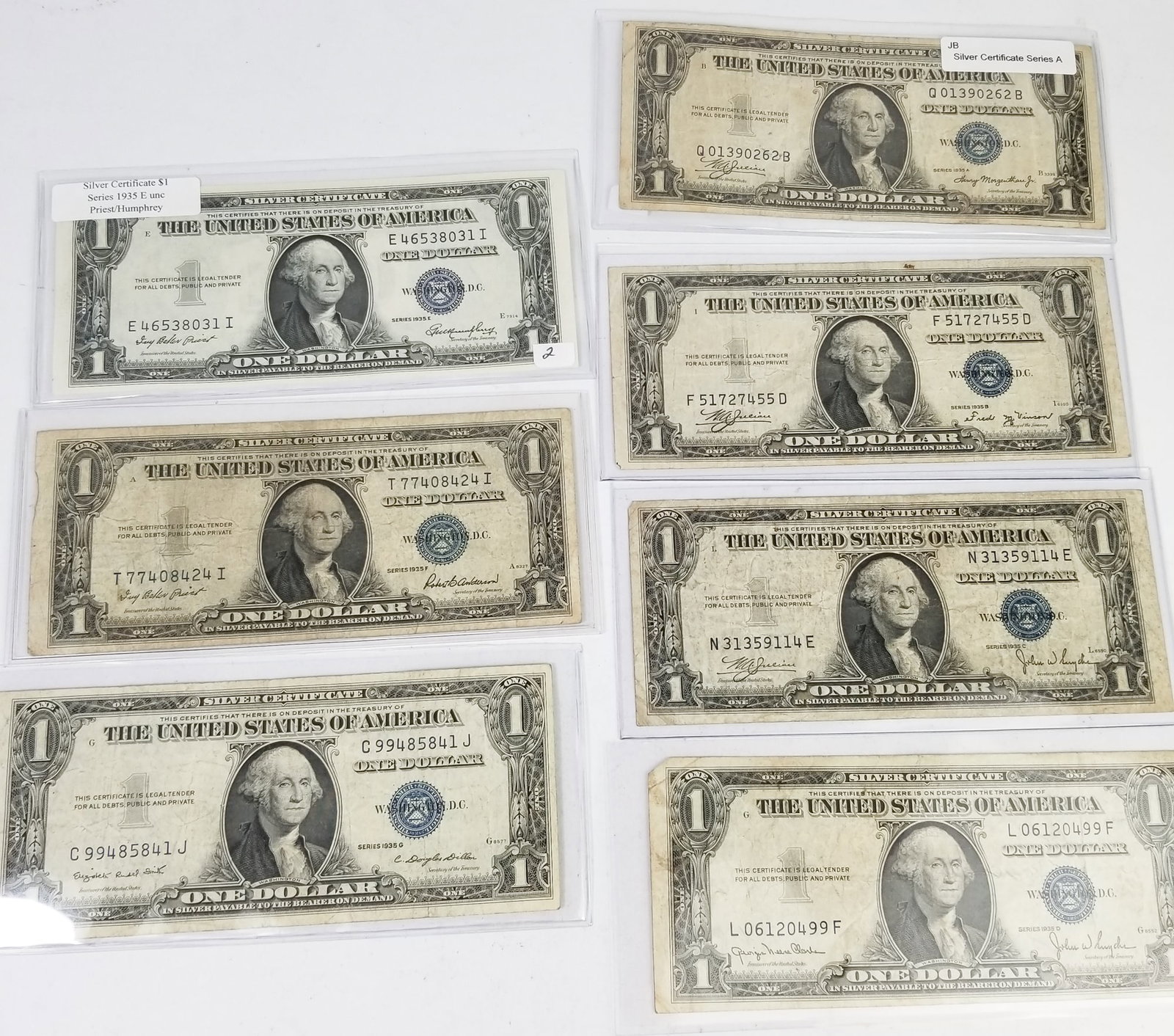 Seven Silver Certificates: (7) Silver Certificates: 1935A - 1935G Literature Brooks Auction is not responsible for outbids. Questions? Call the office at (856) 694-2960 or email us directly at info@brooks.auction. • Pleas