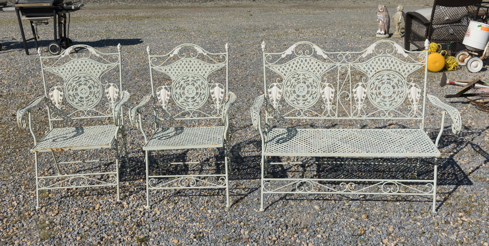 Three Wrought Iron White Painted Vintage Outdoor Set (1 of 4)
