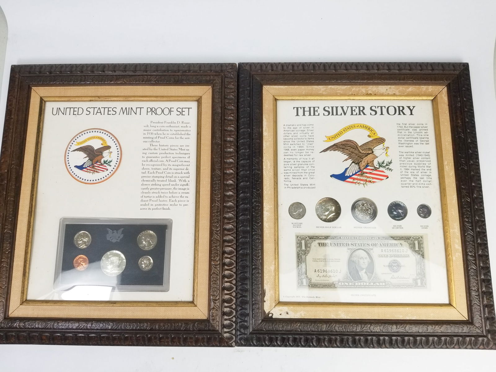 The Silver Story and U.S. Mint Proof Set in frames: The Silver Story and U.S. Mint Proof Set in frames. The Silver Story includes: 1945 Jefferson Nickel - 1964 Kennedy Half Dollar - Silver granules - 1964 Washington Quarter - 1964 Roosevelt Dime - 1935