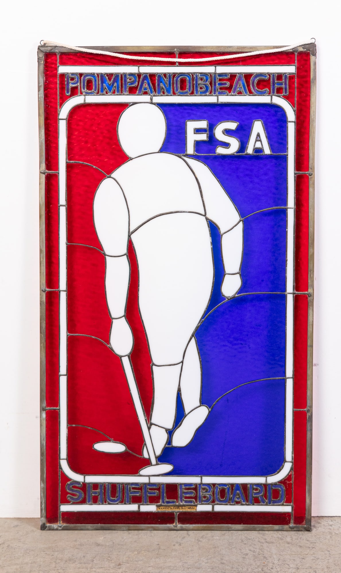 Pompano Beach Shuffleboard FSA Leaded Glass Panel: Pompano Beach Shuffleboard FSA Leaded Glass Hanging Panel Size 34" x 19" Literature Brooks Auction is not responsible for outbids. Questions? Call the office at (856) 694-2960 or email us directly a