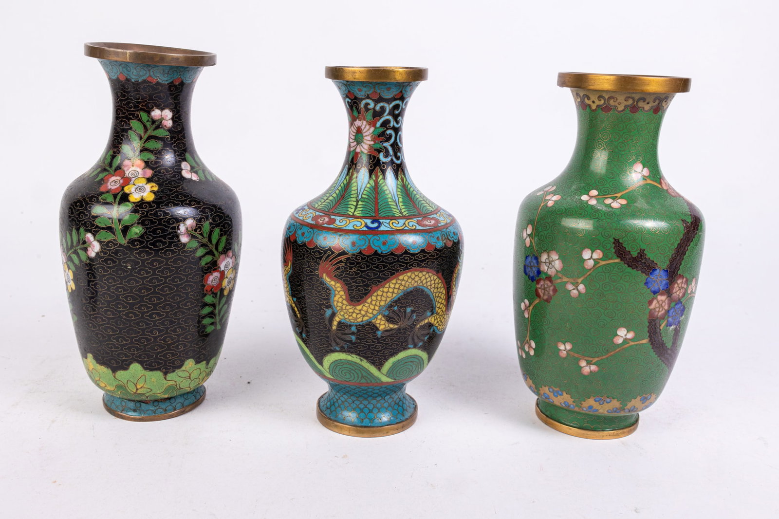 Three Pieces of Assorted Cloissonne: (3) Pieces of Assorted Cloissonne Size 9.5"H (largest) Literature Brooks Auction is not responsible for outbids. Questions? Call the office at (856) 694-2960 or email us directly at info@brooks.auct