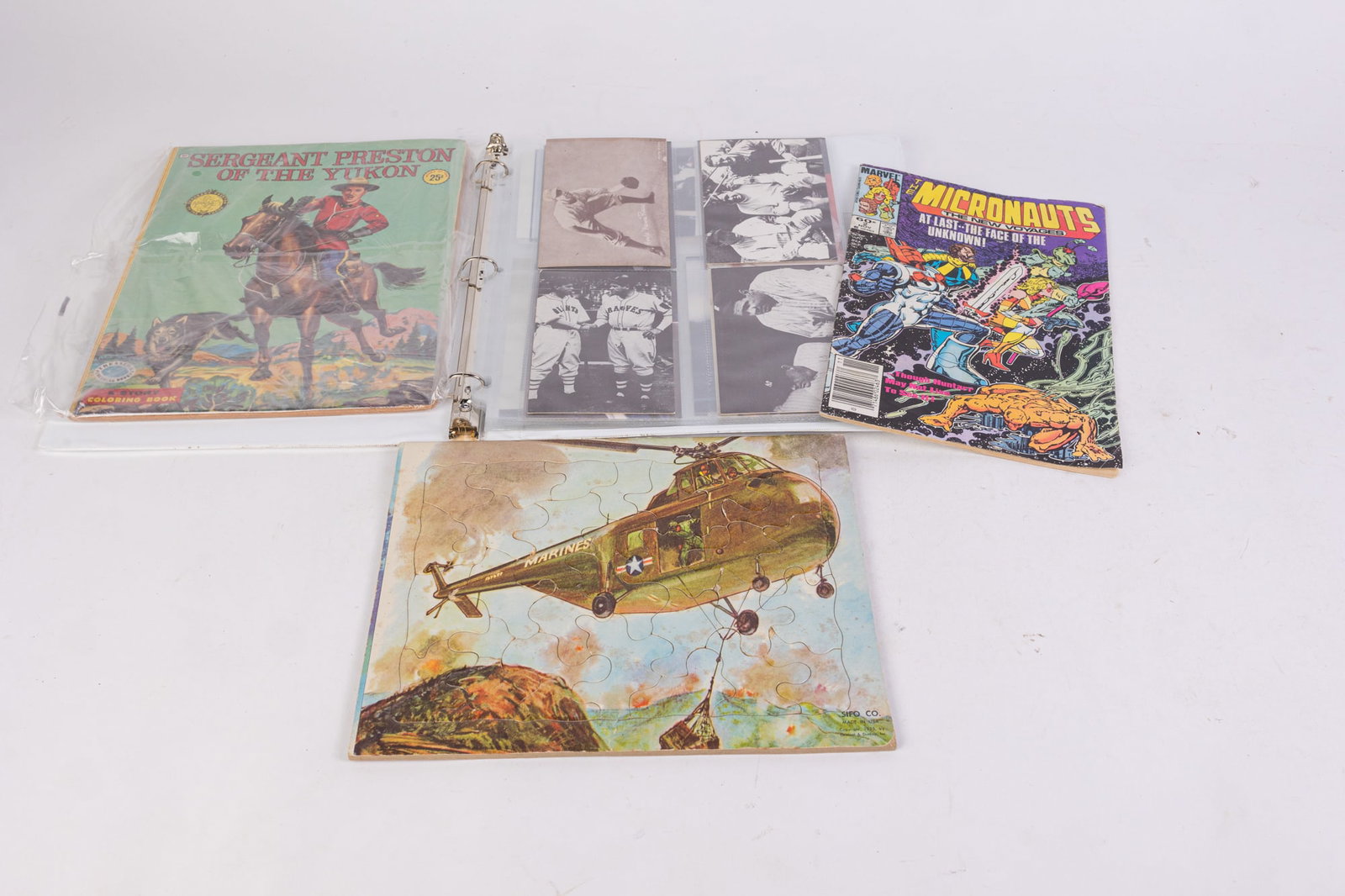 Pop Culture Assortment Lot: Pop Culture Assortment Lot: vintage postcards of Babe Ruth, John Wayne, Shirley Temple, Ringo Starr and others - 4x6 vintage photos of Mickey Mantle - Vintage Sergeant Preston of the Yukon coloring bo