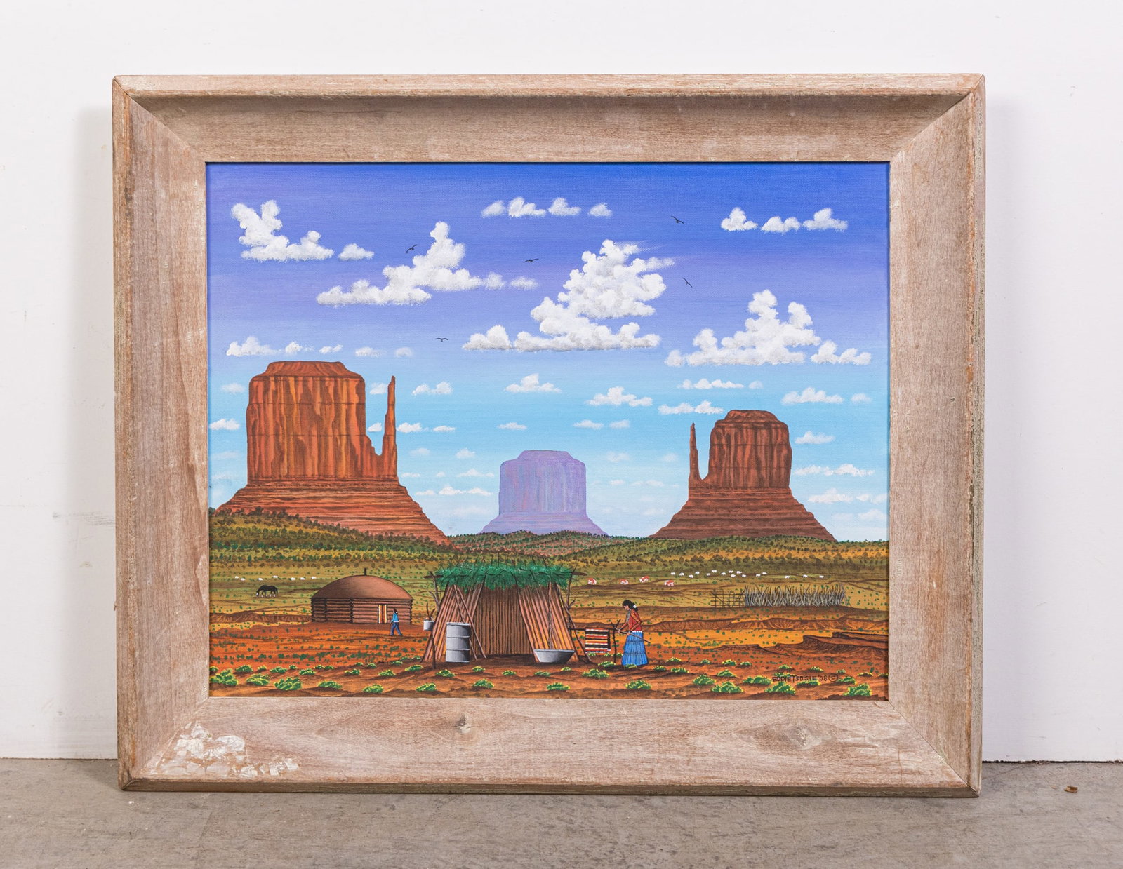 Eddie Tsosie Original Oil on Board: Eddie Tsosie Original Oil on Board, Original artwork by Native American artist Eddie Tsosie depicting a Southwestern scene. Housed in a simple wood frame. Size 21" x 25" Literature Brooks Auction is
